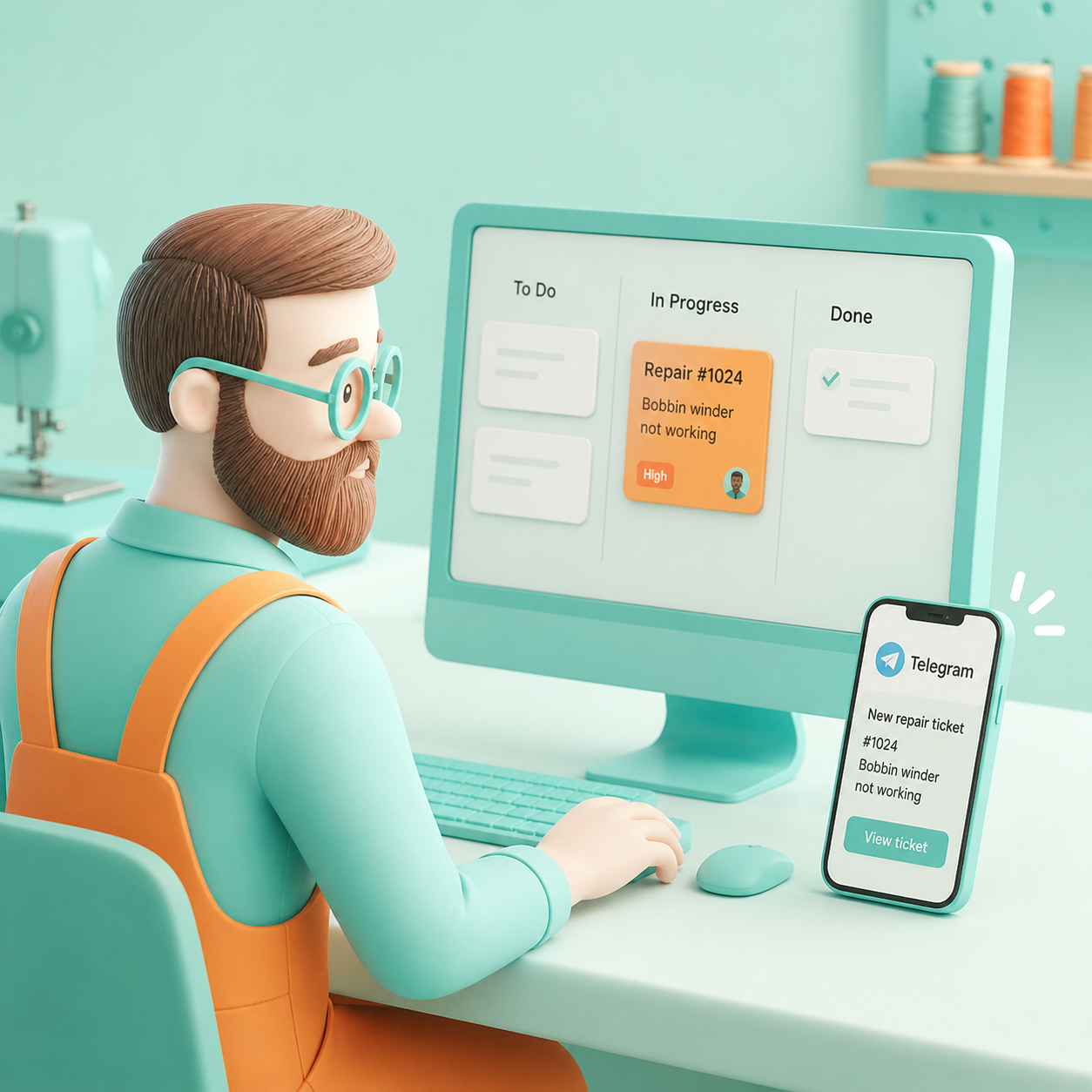 Mechanic at desk with kanban and Telegram alert